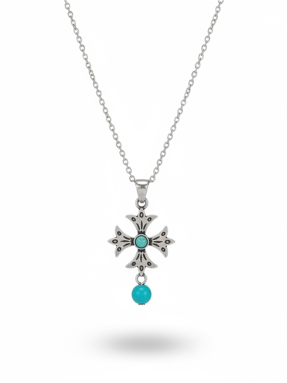Justin Boots Western Silver Plated Turquoise Cross Pendant Necklace